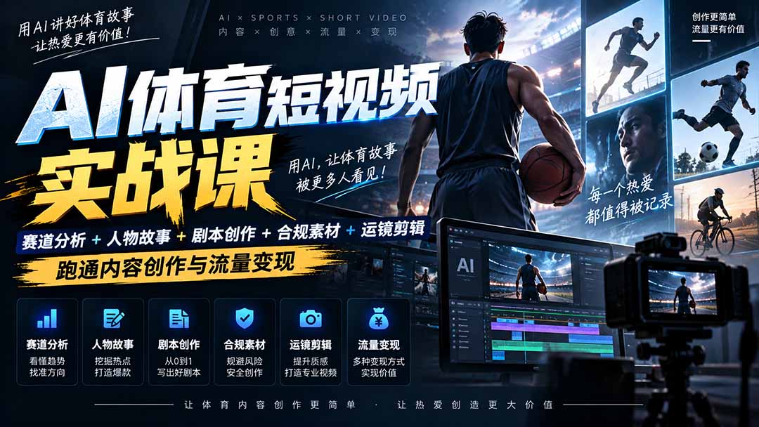 AI体育短视频赛道顶级玩法｜赛道分析+人物故事+剧本创作+版权处理+运镜剪辑，跑通流量变现-日赚1K+-轻创终点站