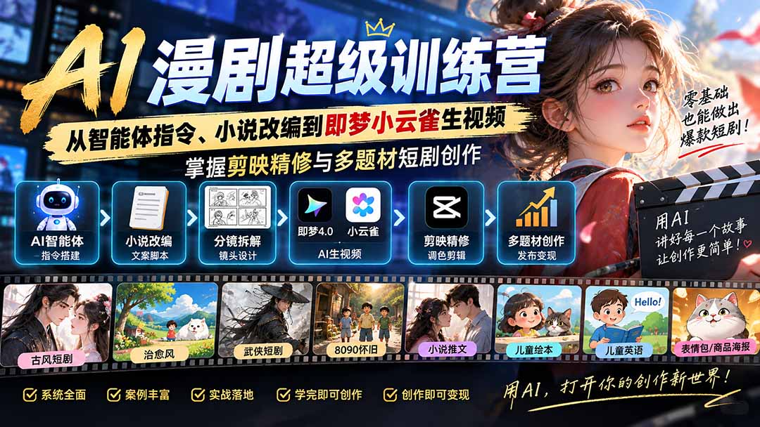 AI漫剧超级特训营：从智能体指令、小说改编到即梦小云雀生视频，掌握剪映精修与多题材短剧创作-轻创终点站