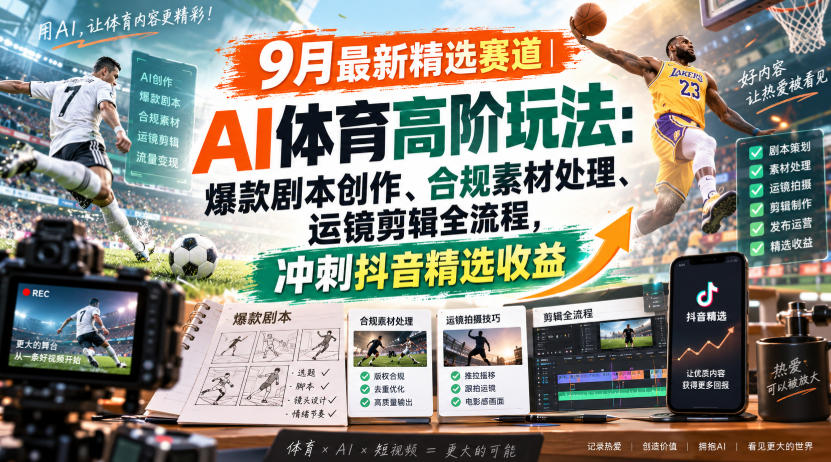 某大佬的9月最新精选赛道之AI体育顶级玩法，爆款剧本创作、版权规避、运镜剪辑全流程，稳拿抖音精选收益-轻创终点站