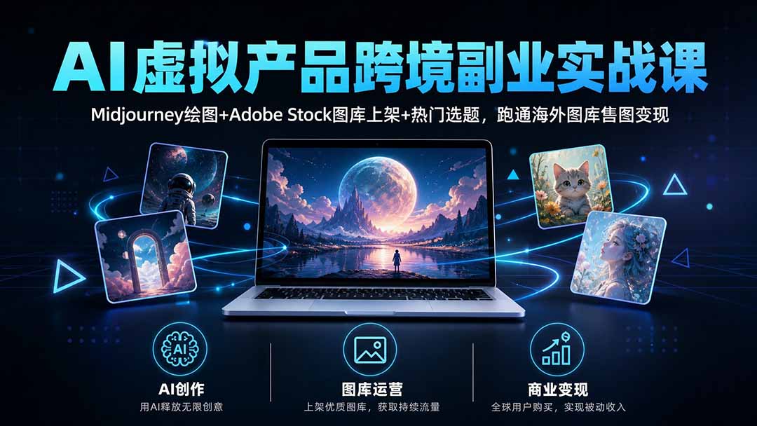 AI虚拟产品跨境副业实战课｜Midjourney绘图+Adobe Stock图库上架+热门选题，跑通海外图库售图变现-轻创终点站