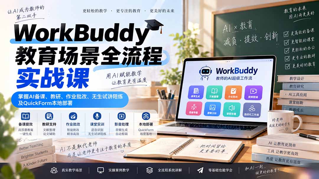 WorkBuddy教育场景全流程实战课：掌握AI备课、教研、作业批改、无生试讲陪练及QuickForm本地部署-轻创终点站