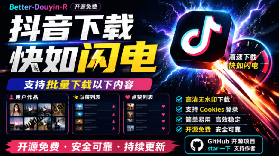 超级好用！抖音视频下载神器，支持批量下载用户作品收藏列表和点赞列表，开源完全免费Better-douyin-R-轻创终点站