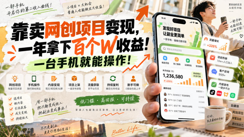 网创小程序虚拟资料变现，一年拿下百万收益，一部手机就可以做，0成本变现副业！-轻创终点站