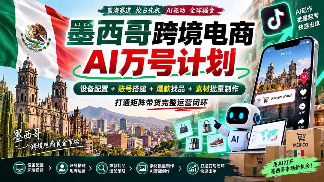 墨西哥AI跨境电商万号计划｜设备配置+账号搭建+爆款找品+素材批量制作，打通矩阵带货完整运营闭环-轻创终点站