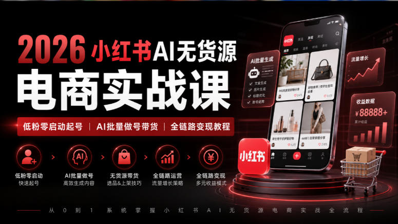 2026小红书AI无货源电商实战课｜低粉零启动起号｜AI批量做号带货全链路变现教程-轻创终点站