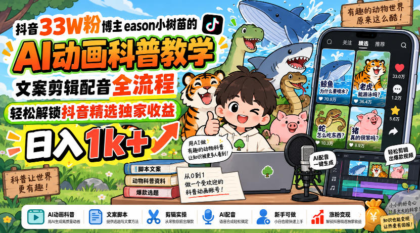 抖音33W粉博主eason小树苗的AI动画科普教学，文案剪辑配音全流程，轻松解锁抖音精选独家收益，日入1k+-轻创终点站
