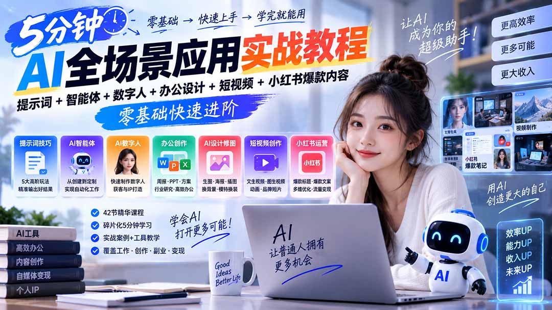 AI全场景应用实战教程｜提示词+智能体+数字人+办公设计+短视频+小红书爆款内容，零基础快速进阶-轻创终点站