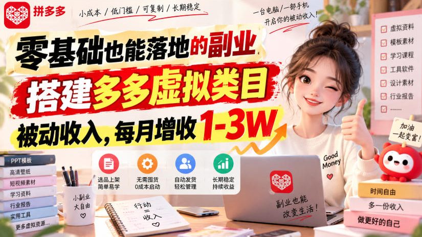 零基础也能落地的副业，搭建多多虚拟类目被动收入，每月增收1-3W【揭秘】-轻创终点站