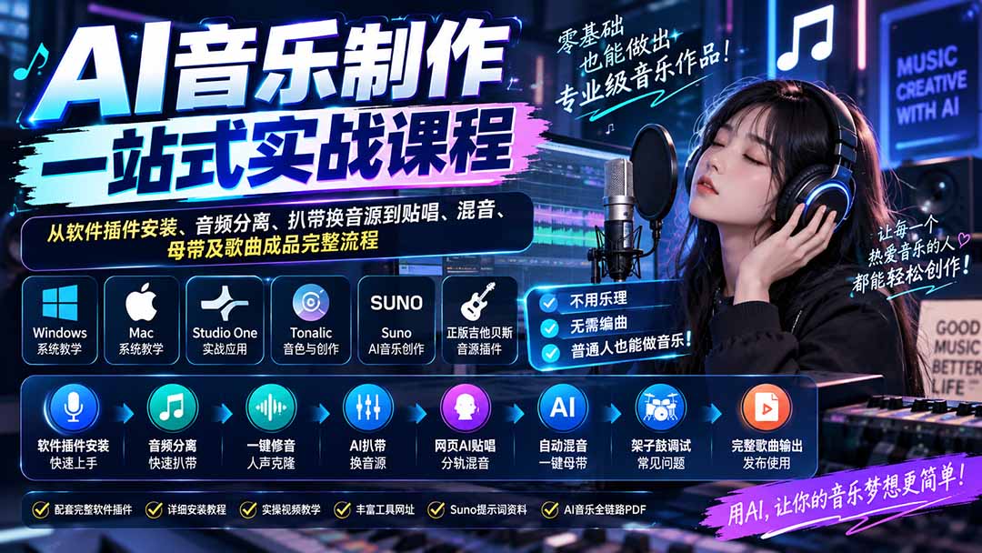 AI音乐制作一站式实战课程：从软件插件安装、音频分离、扒带换音源到贴唱、混音、母带及歌曲成品完整流程-轻创终点站