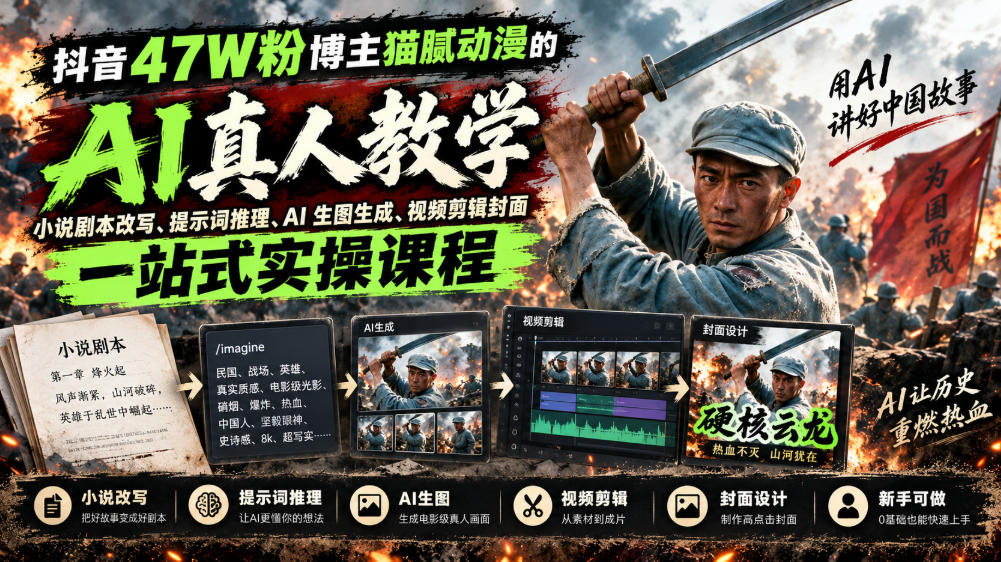 抖音47W粉博主猫腻动漫的AI真人漫剧教学,小说剧本改写、提示词推理、AI生图生成、视频剪辑封面一站式实操课程-轻创终点站