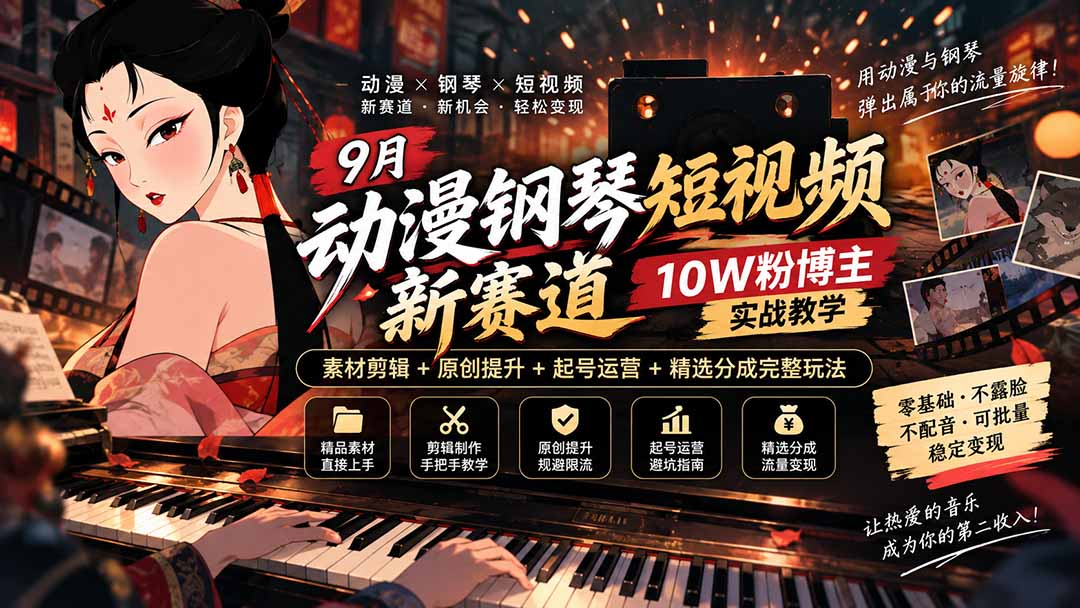 9月动漫钢琴短视频新赛道｜10W粉博主实战教学，素材剪辑+原创提升+起号运营+精选分成完整玩法-轻创终点站